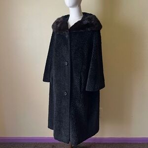 Vintage Borré by Sportowne Black Faux Astrakhan Coat w/ Real Fur Collar XL